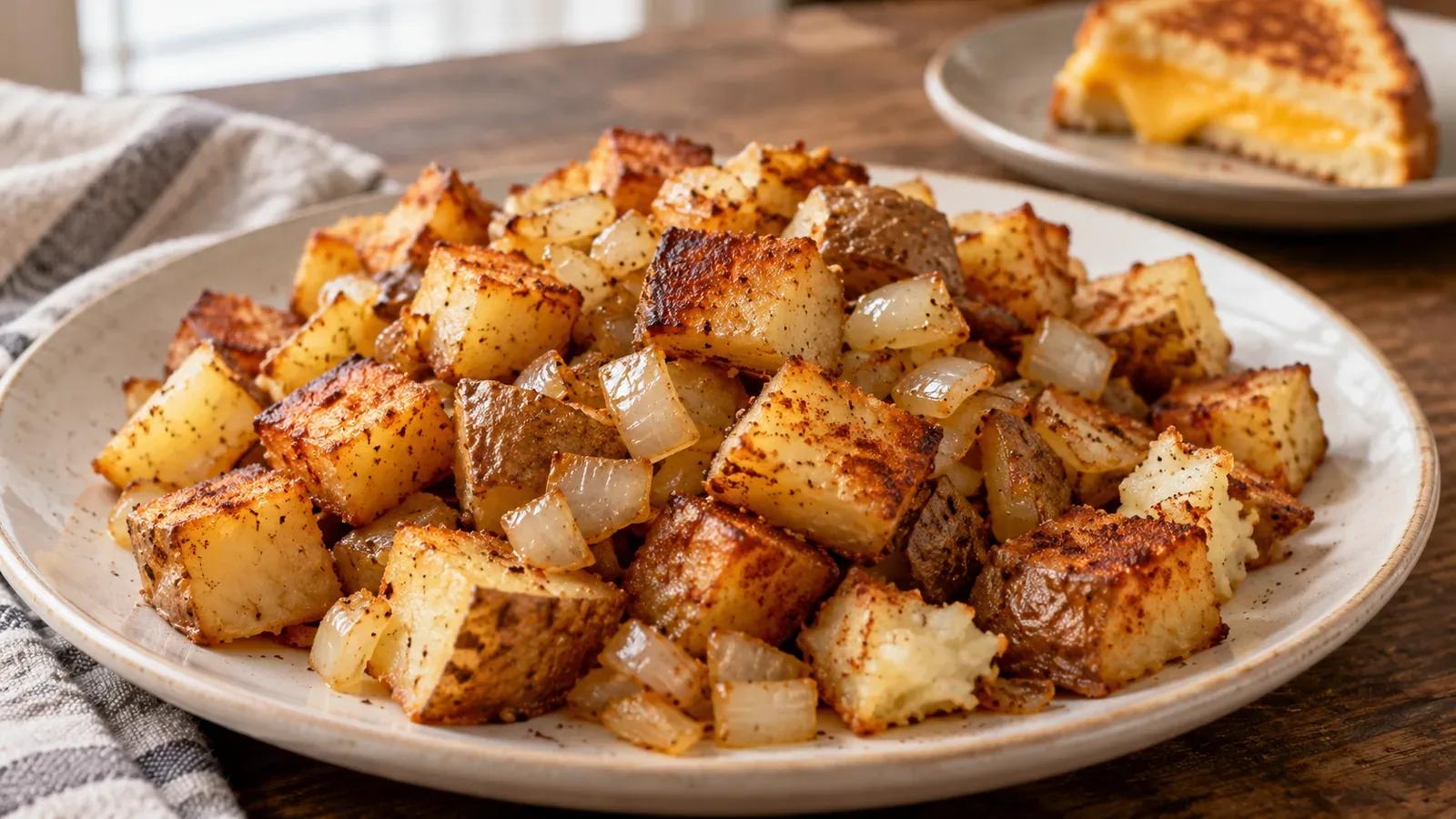 Home fries with golden potato cubes, softened onions, and paprika on a plate beside grilled cheese.