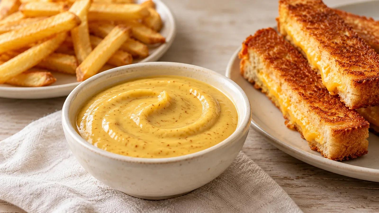 Honey mustard dip in a ceramic bowl with grilled cheese strips and fries