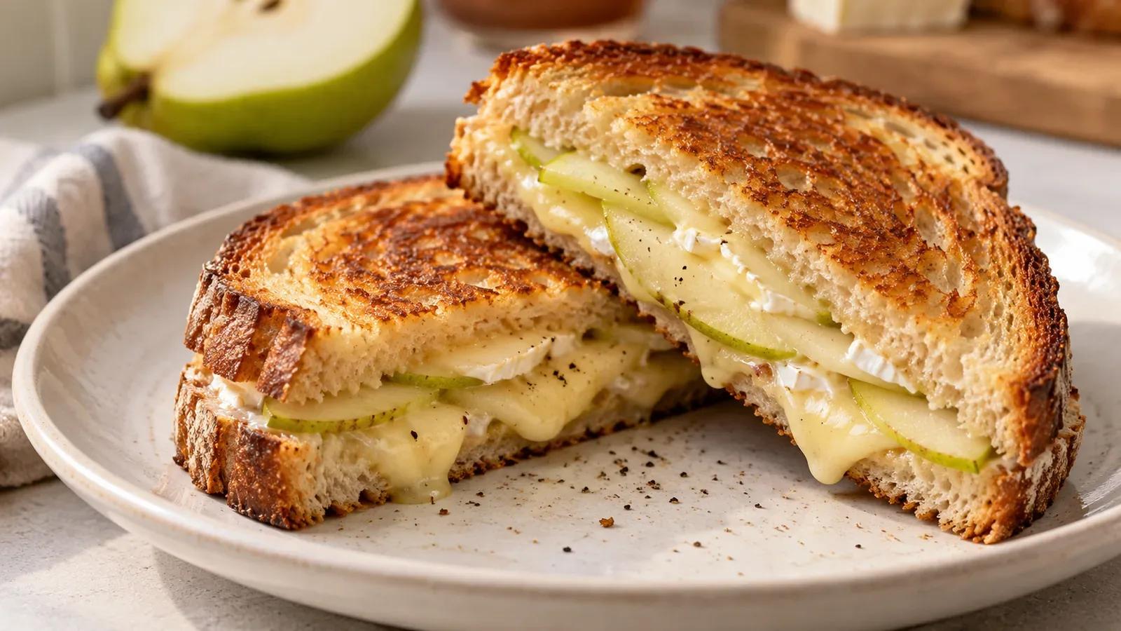 Pear Brie grilled cheese with thin green-skinned pear slices and melted Brie between golden sourdough slices.