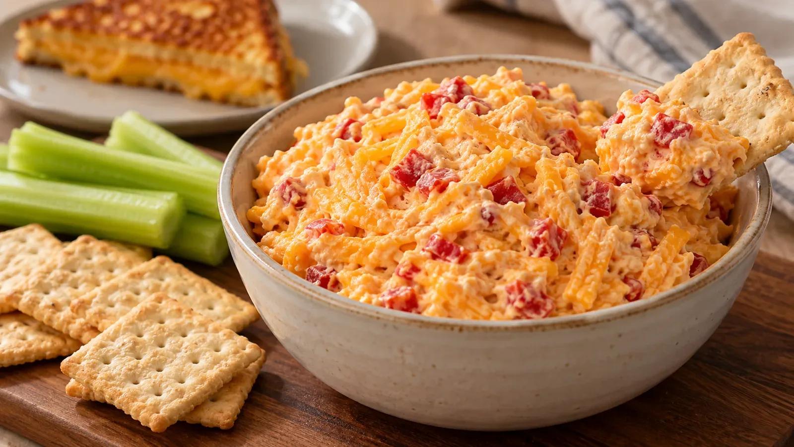Pimento cheese dip with visible cheddar shreds and red pimento pieces in a ceramic bowl beside crackers and grilled cheese.