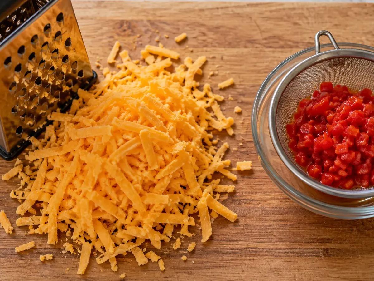 Grate the cheddar and drain the pimentos: Pimento Cheese Dip