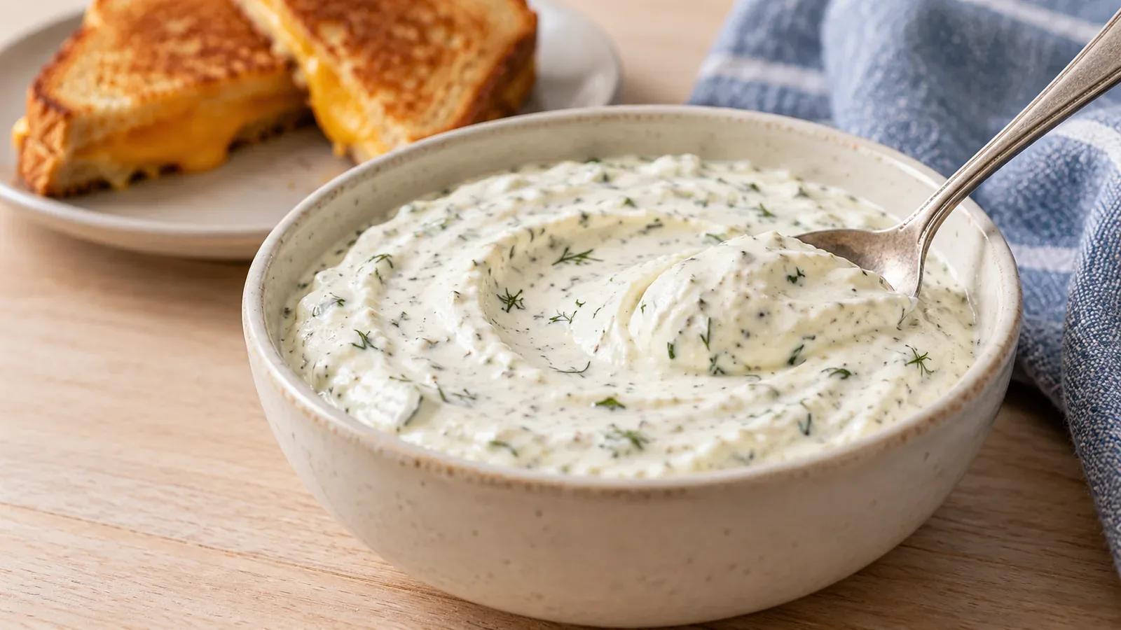 Sour cream ranch dip with dried herbs in a ceramic bowl beside grilled cheese triangles.