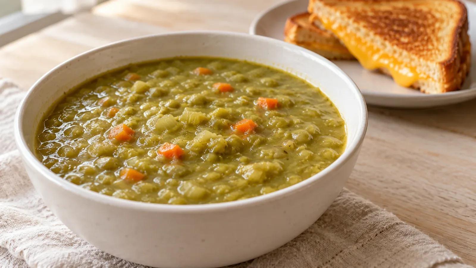 Split pea soup with small carrot pieces in a white bowl beside a grilled cheese triangle.
