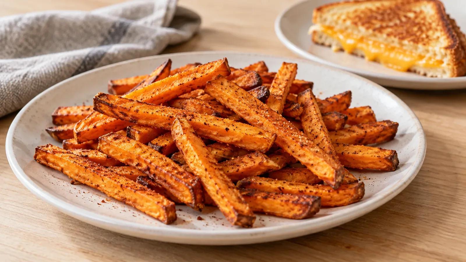 Sweet potato fries with browned edges and paprika seasoning beside a grilled cheese sandwich.