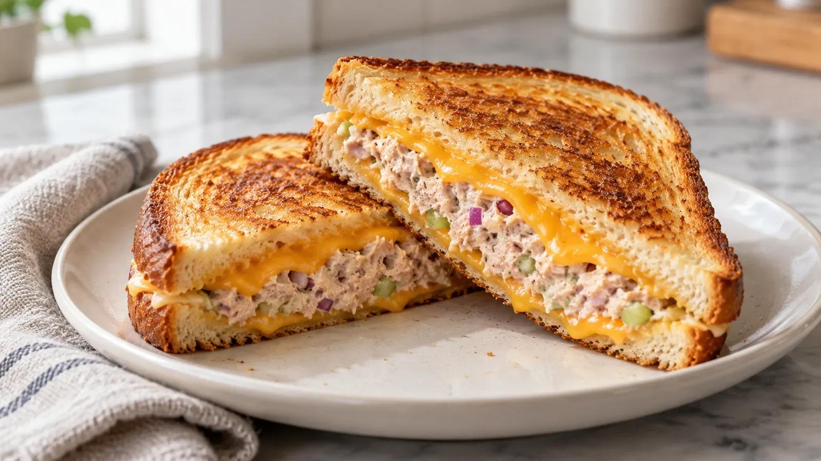 Tuna melt with flaked tuna, celery, red onion, and melted cheddar between golden white bread slices.