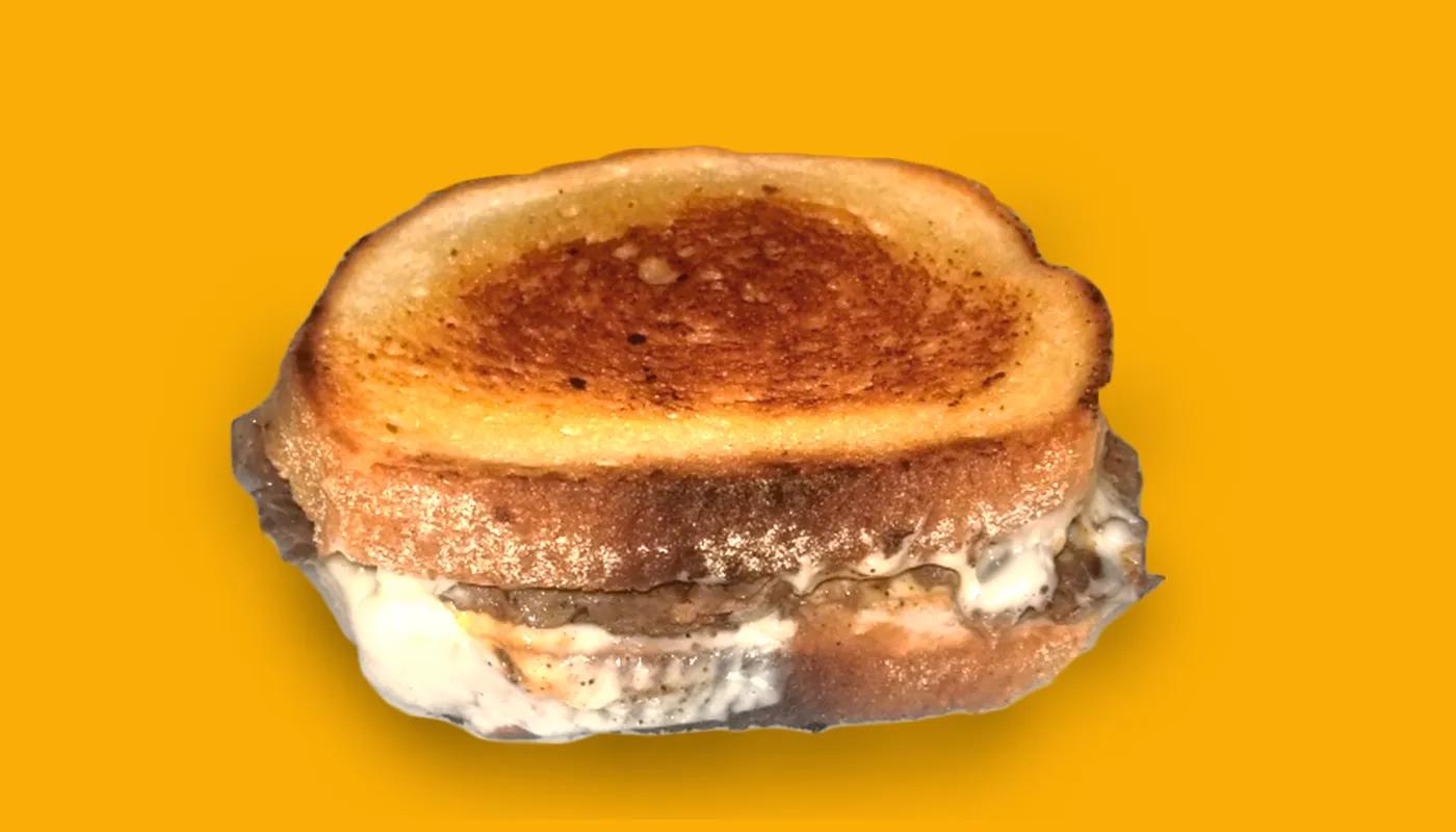 Patty melt grilled cheese on toasted sourdough from the Grilly Cheese food truck