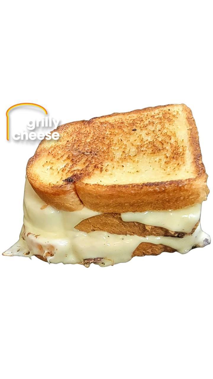 A double-decker grilled cheese sandwich with the Grilly Cheese logo