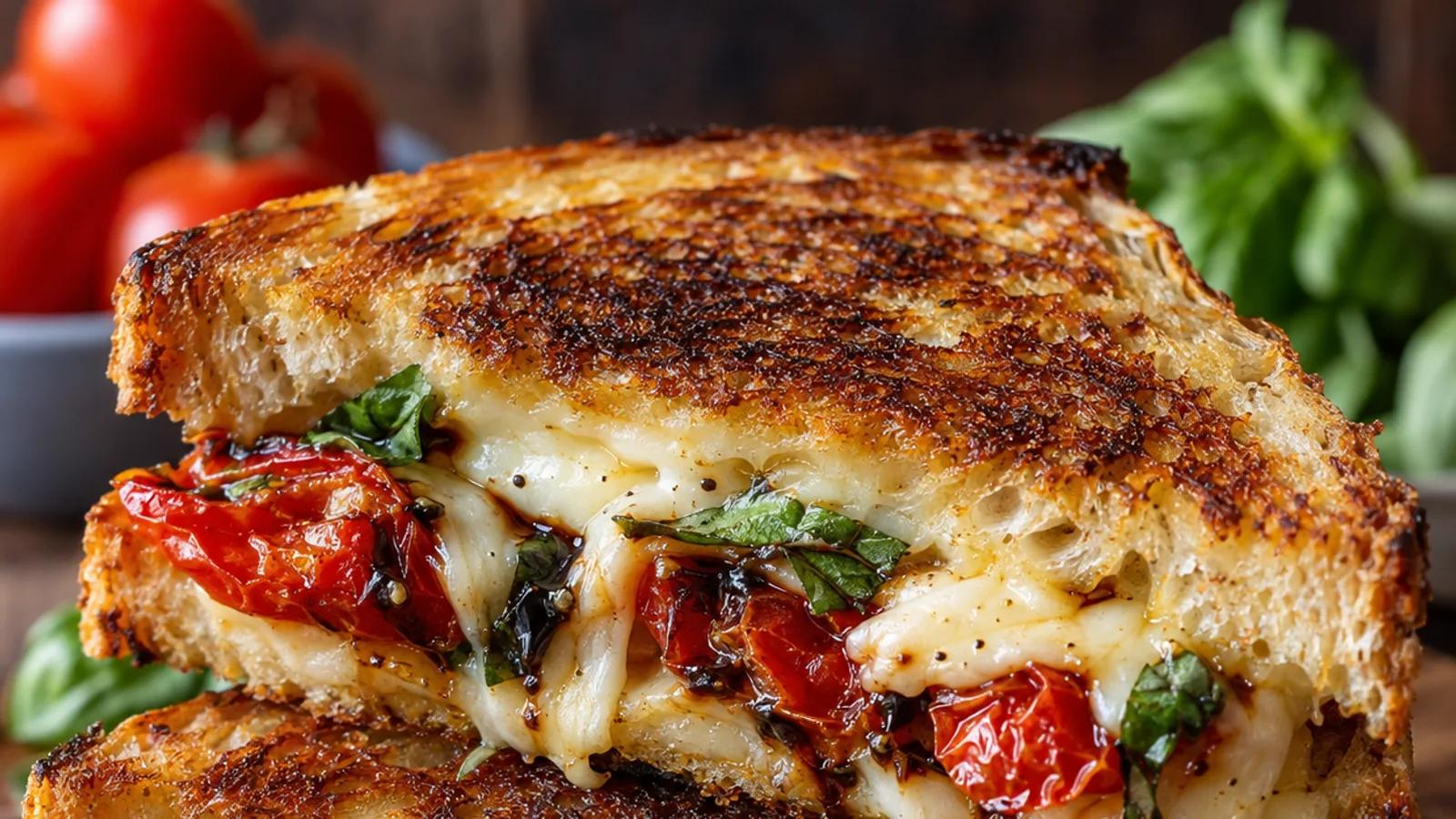 Balsamic roasted tomato and basil grilled cheese with melted mozzarella and fontina on golden sourdough