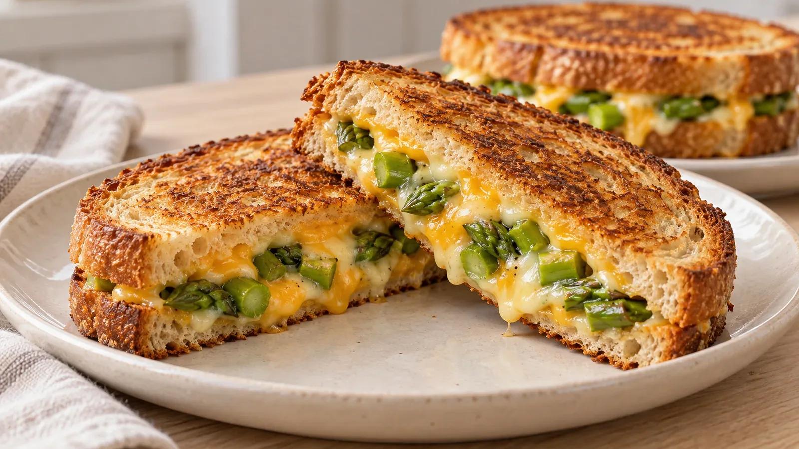 Asparagus grilled cheese cut to show tender green asparagus and melted cheddar and mozzarella.