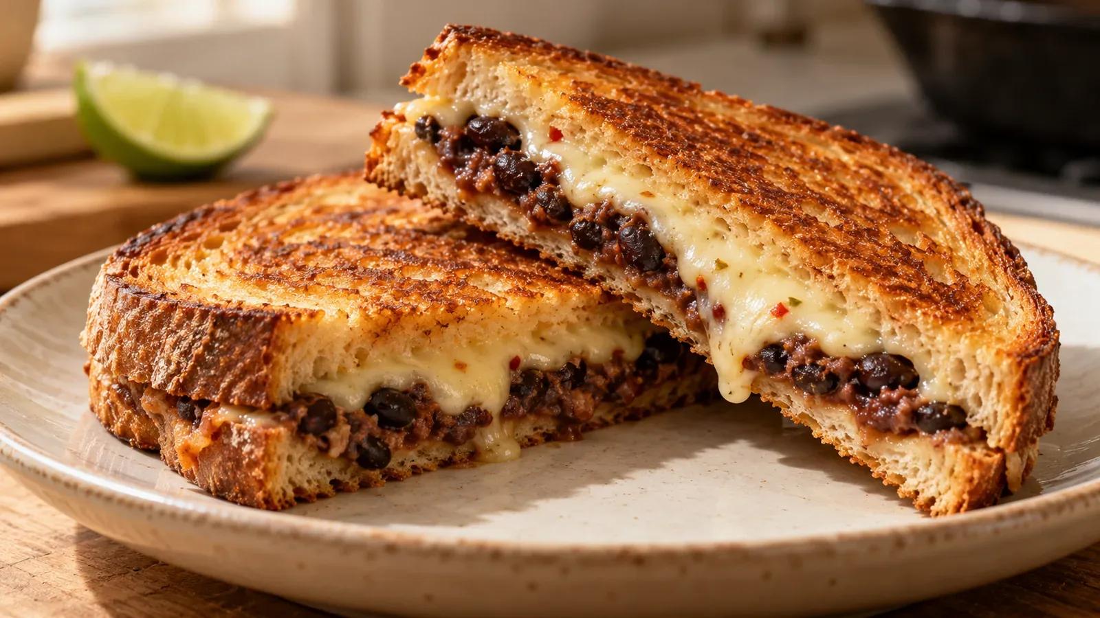 Black bean grilled cheese with a thin mashed bean filling and melted pepper Jack between golden sourdough slices.