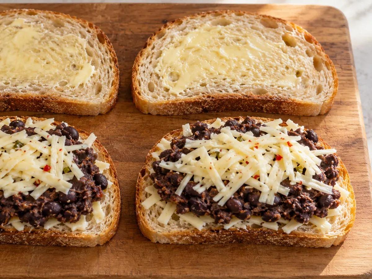 Layer beans between cheese: Black Bean Grilled Cheese