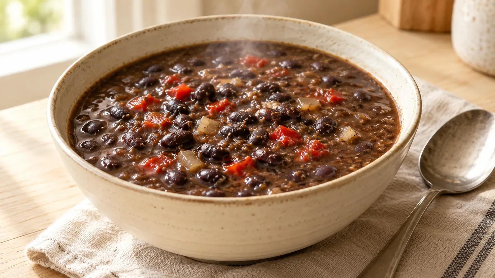 Black bean soup with whole beans, small red pepper pieces, and a thick, partially mashed broth.