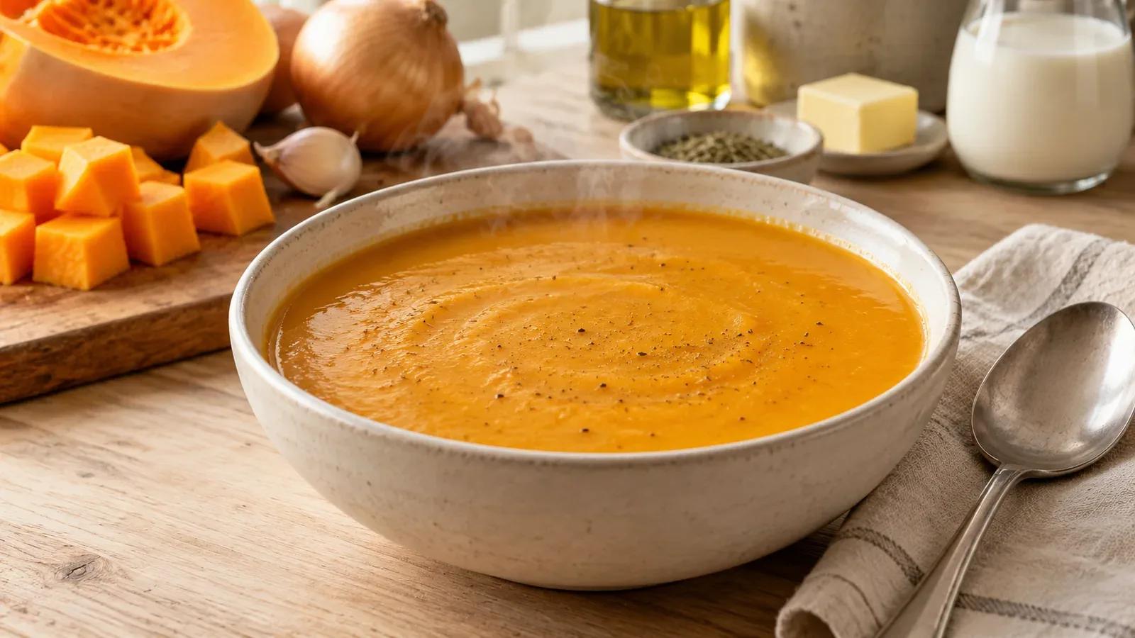 Butternut squash soup with a smooth orange surface in a cream bowl beside a spoon.