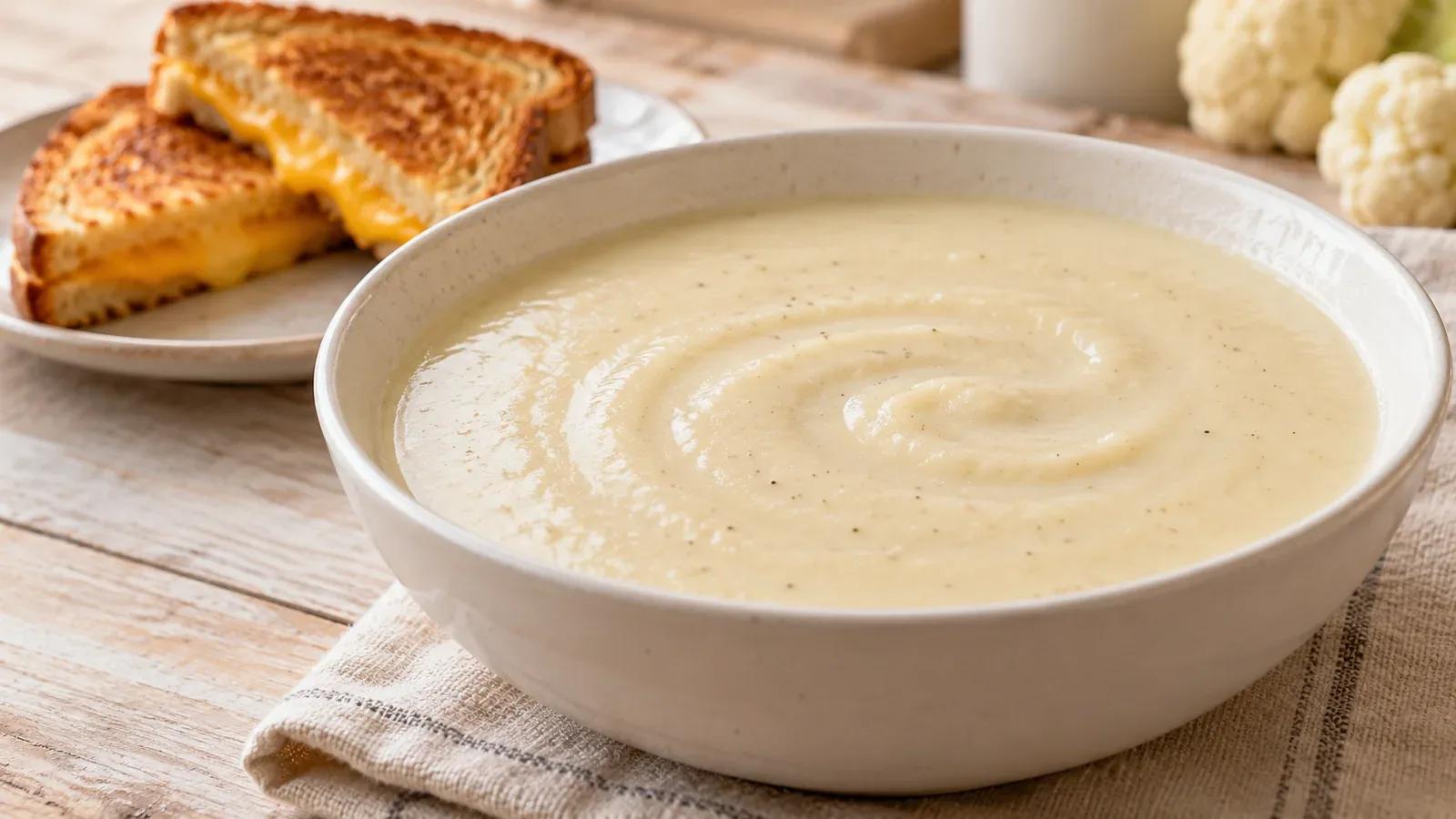 Cauliflower soup blended smooth in a white bowl beside a grilled cheese triangle.