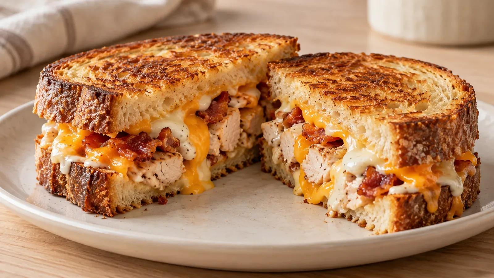 Chicken bacon ranch grilled cheese cut to show chopped chicken, crisp bacon, and melted cheddar and Monterey Jack.