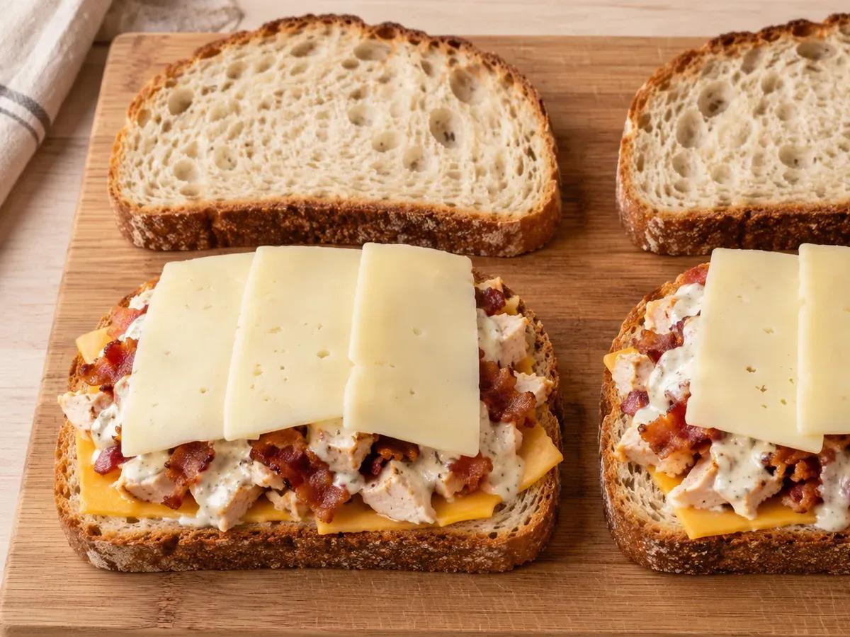 Mix and layer the filling: Chicken Bacon Ranch Grilled Cheese