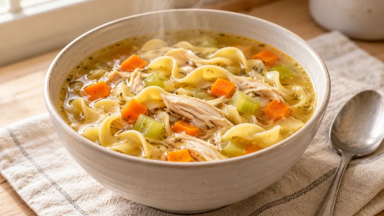 Chicken noodle soup with shredded chicken, wide egg noodles, carrots, and celery in golden broth.