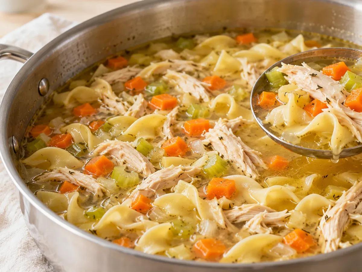 Cook the noodles and warm the chicken: Chicken Noodle Soup