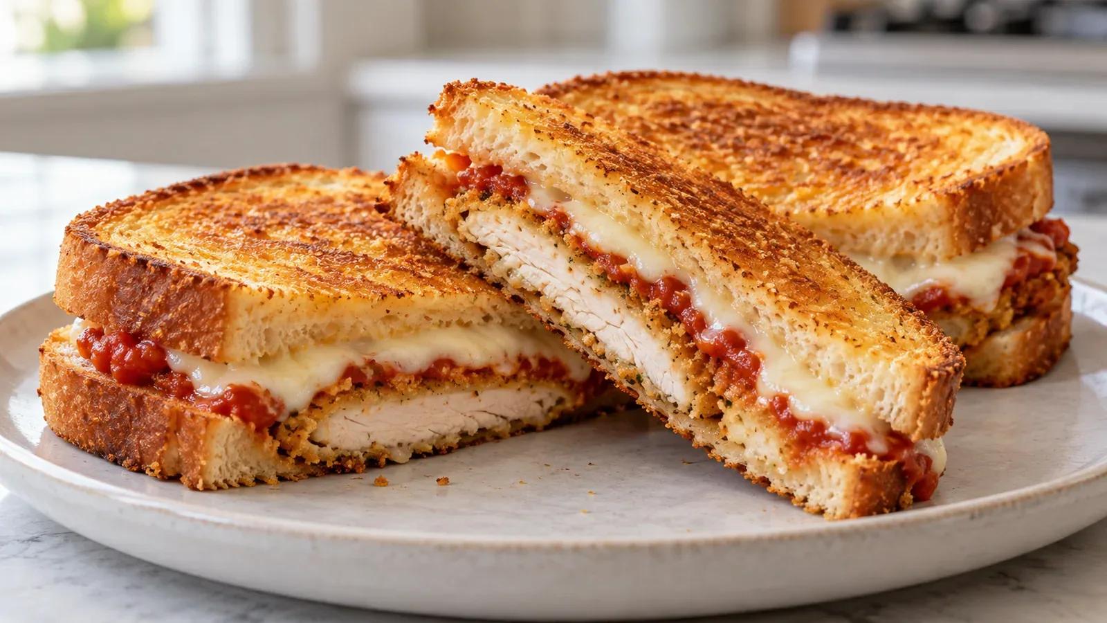 Chicken Parmesan grilled cheese with a breaded chicken cutlet, melted mozzarella, and marinara inside golden bread.