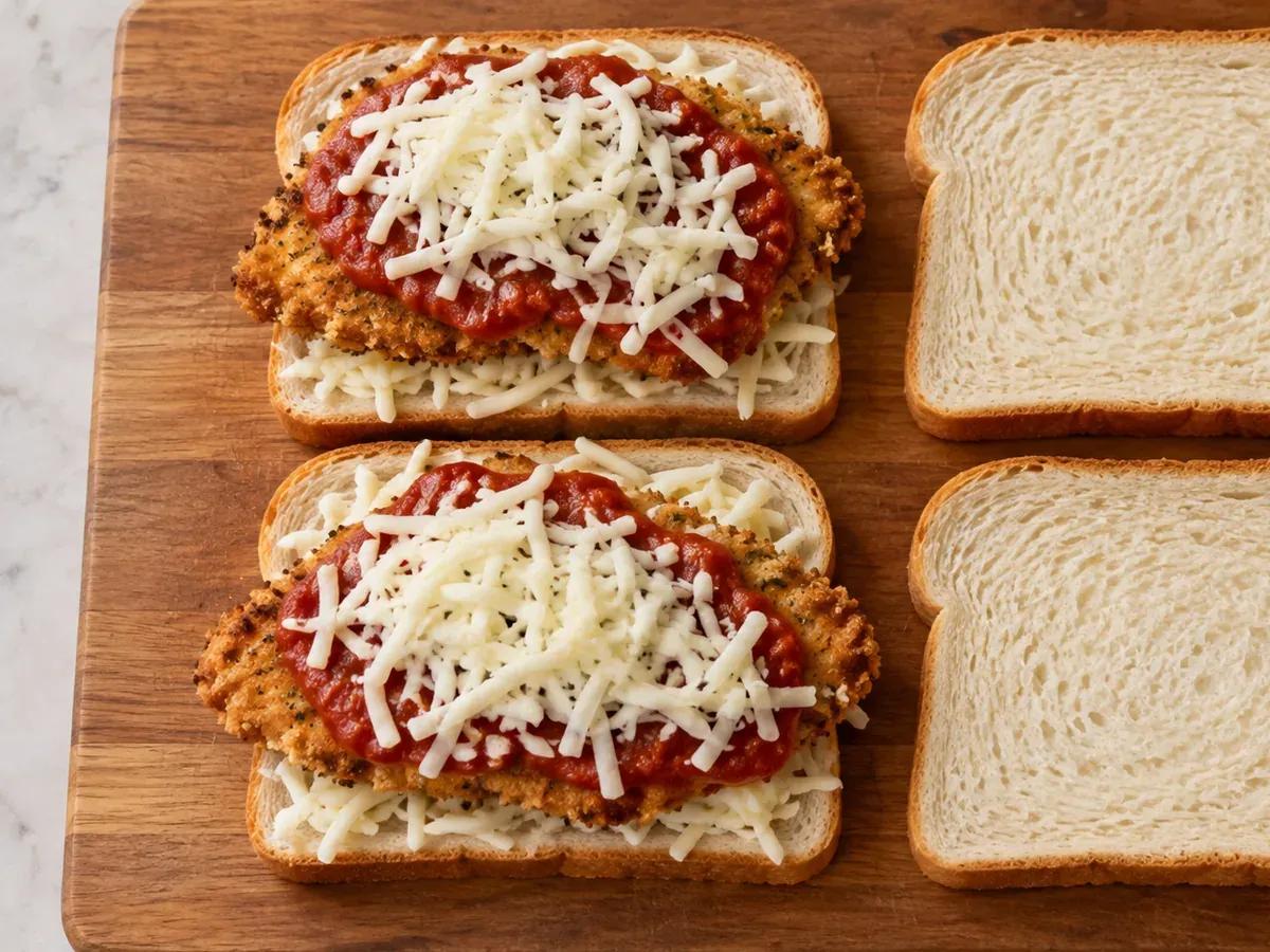Warm the sauce and layer the filling: Chicken Parmesan Grilled Cheese