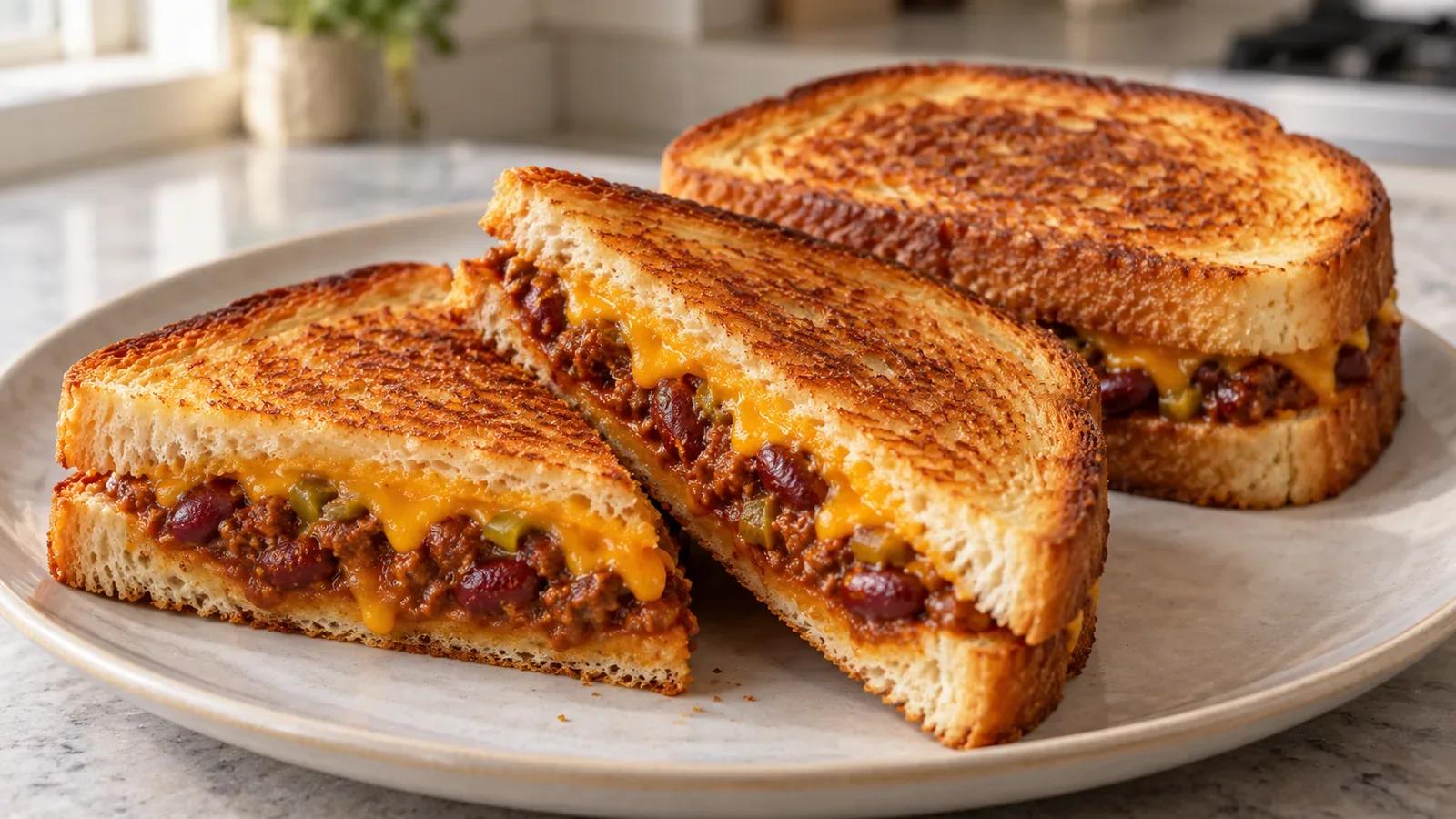 Chili grilled cheese with thick beef-and-bean chili and melted cheddar inside golden white bread.