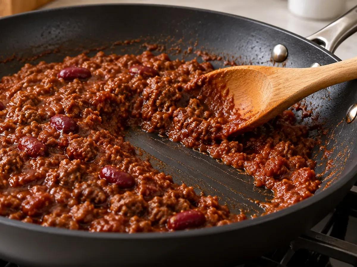 Reduce the chili until thick: Chili Grilled Cheese