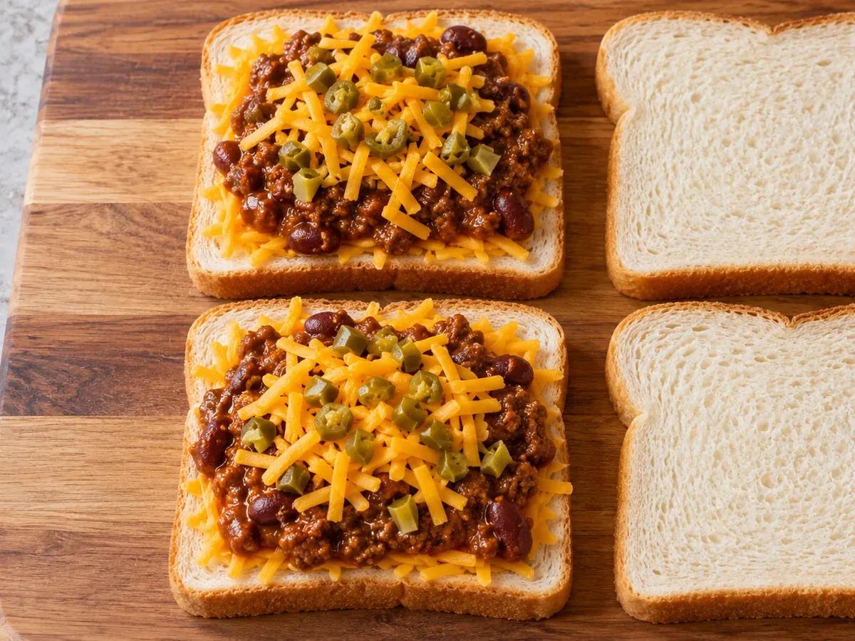 Layer chili between cheddar: Chili Grilled Cheese