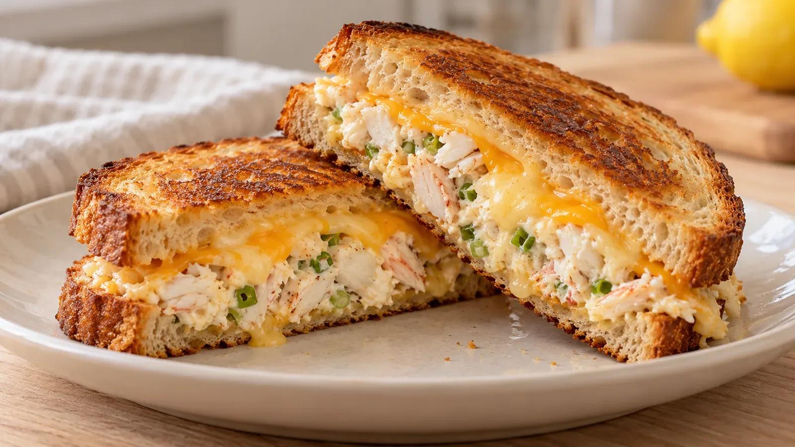Crab melt cut to show delicate crab flakes, creamy filling, and melted cheddar and Monterey Jack.