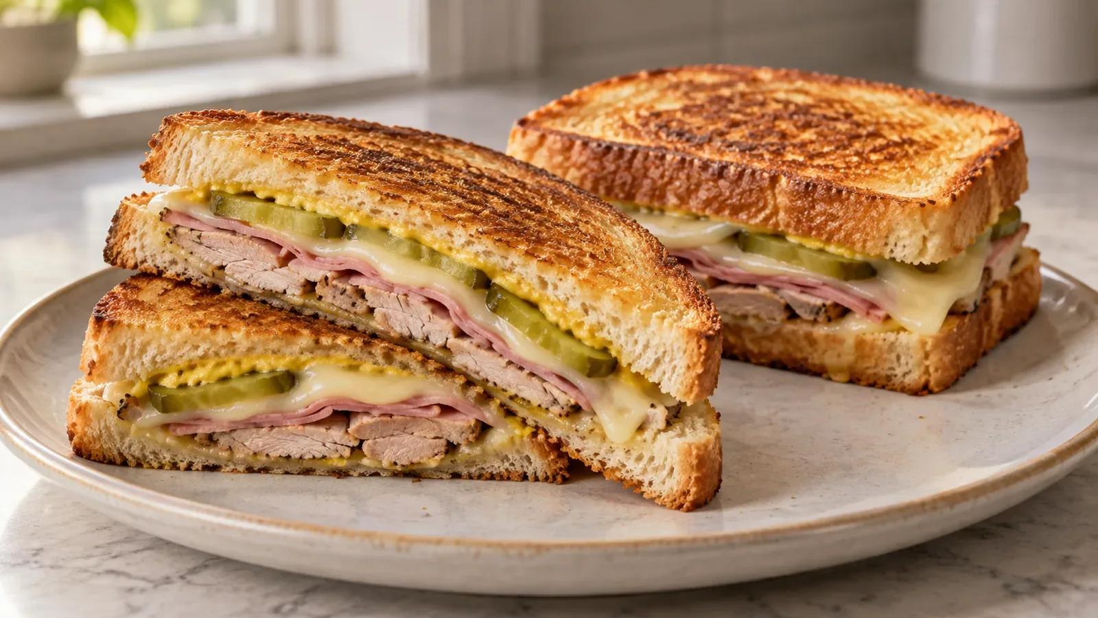 Cuban grilled cheese with pork, ham, melted Swiss, and dill pickles on golden white bread.