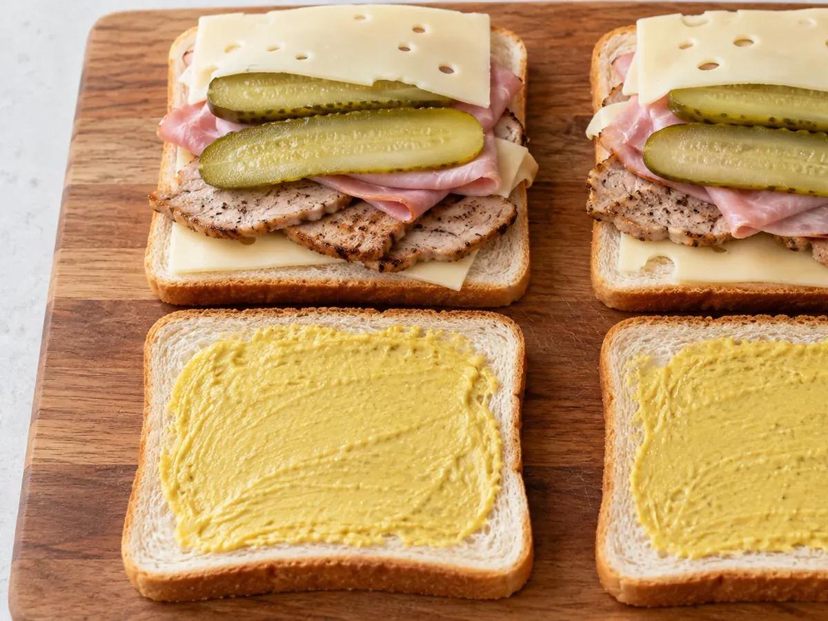 Layer the meats, pickles, and Swiss: Cuban Grilled Cheese