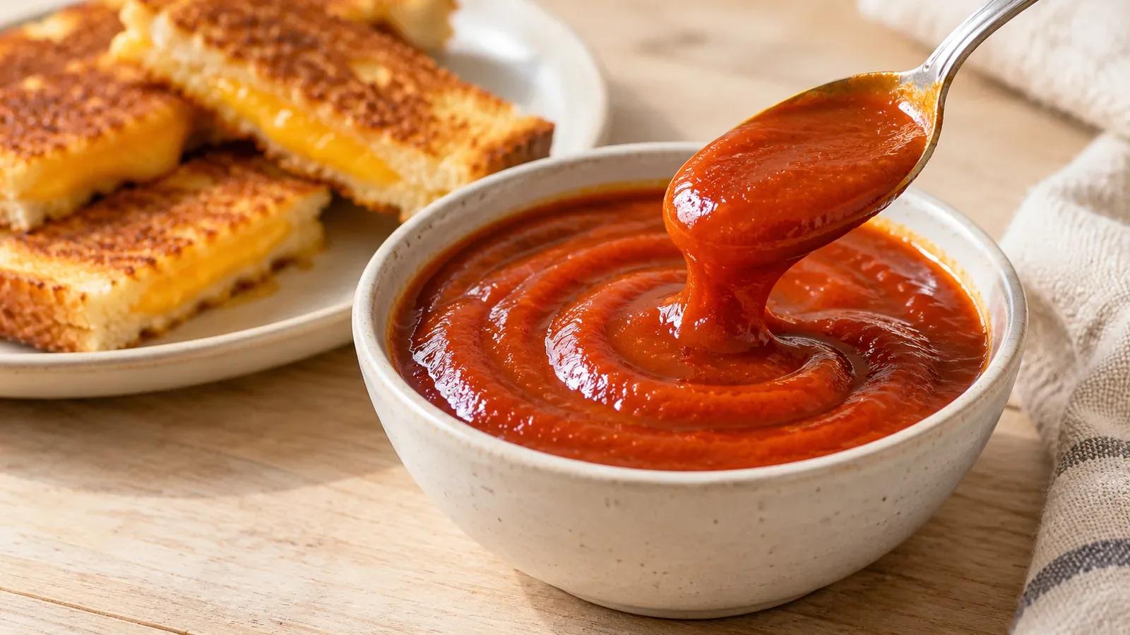 Curry ketchup in a small ceramic bowl beside grilled cheese strips.