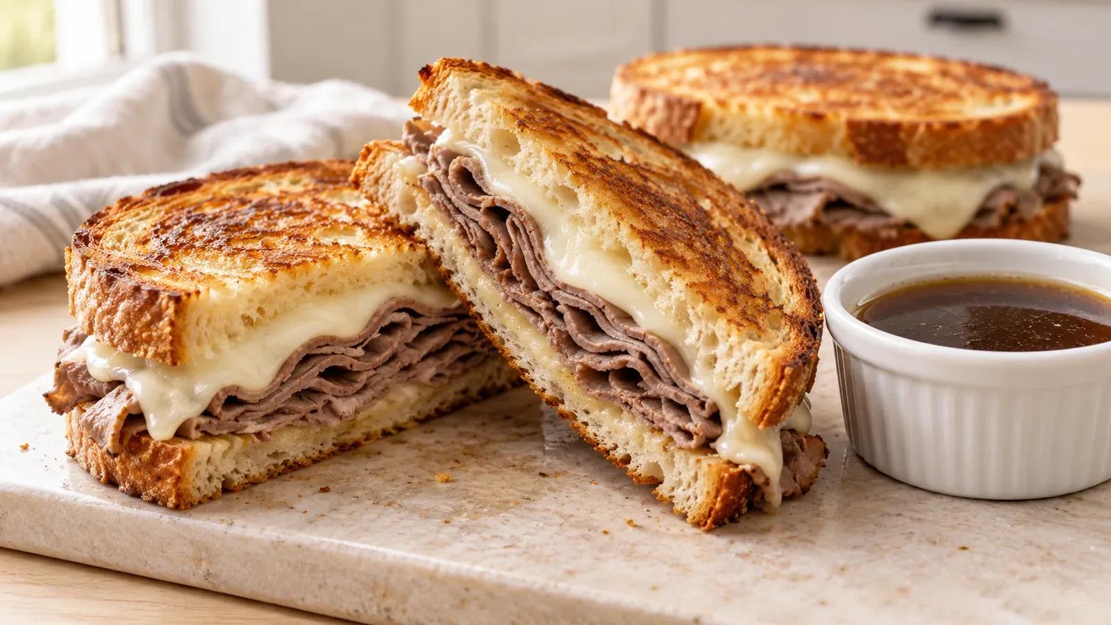 French dip grilled cheese with roast beef and provolone beside a small bowl of beef jus.