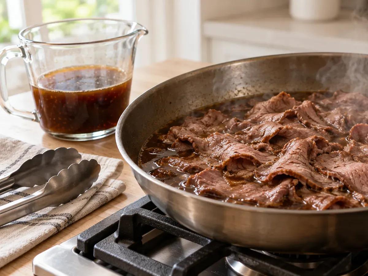 Make the jus and warm the beef: French Dip Grilled Cheese