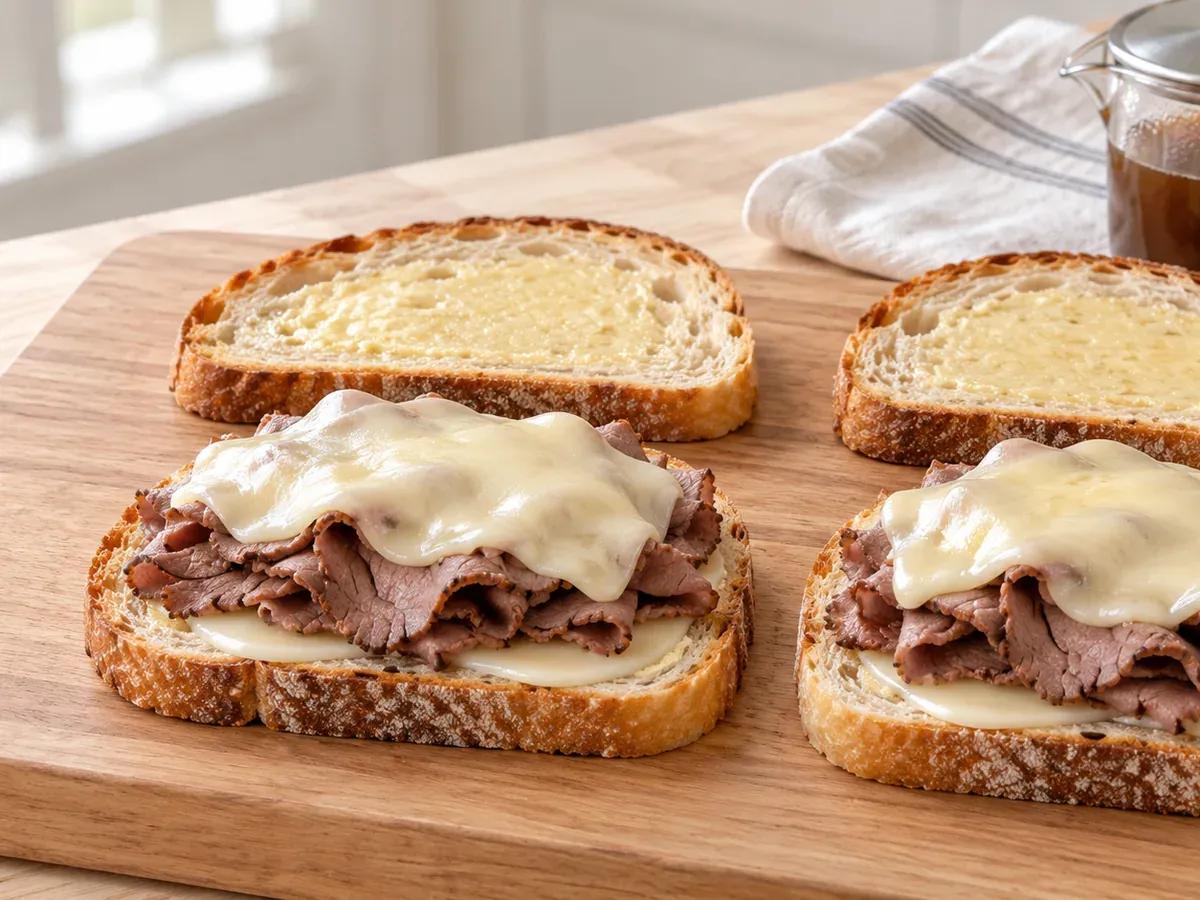 Layer the sandwiches: French Dip Grilled Cheese