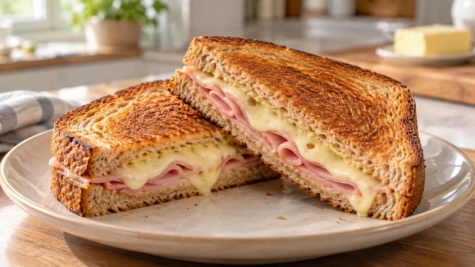 Ham and Swiss grilled cheese with folded pink ham and melted Swiss between golden whole-wheat bread slices.