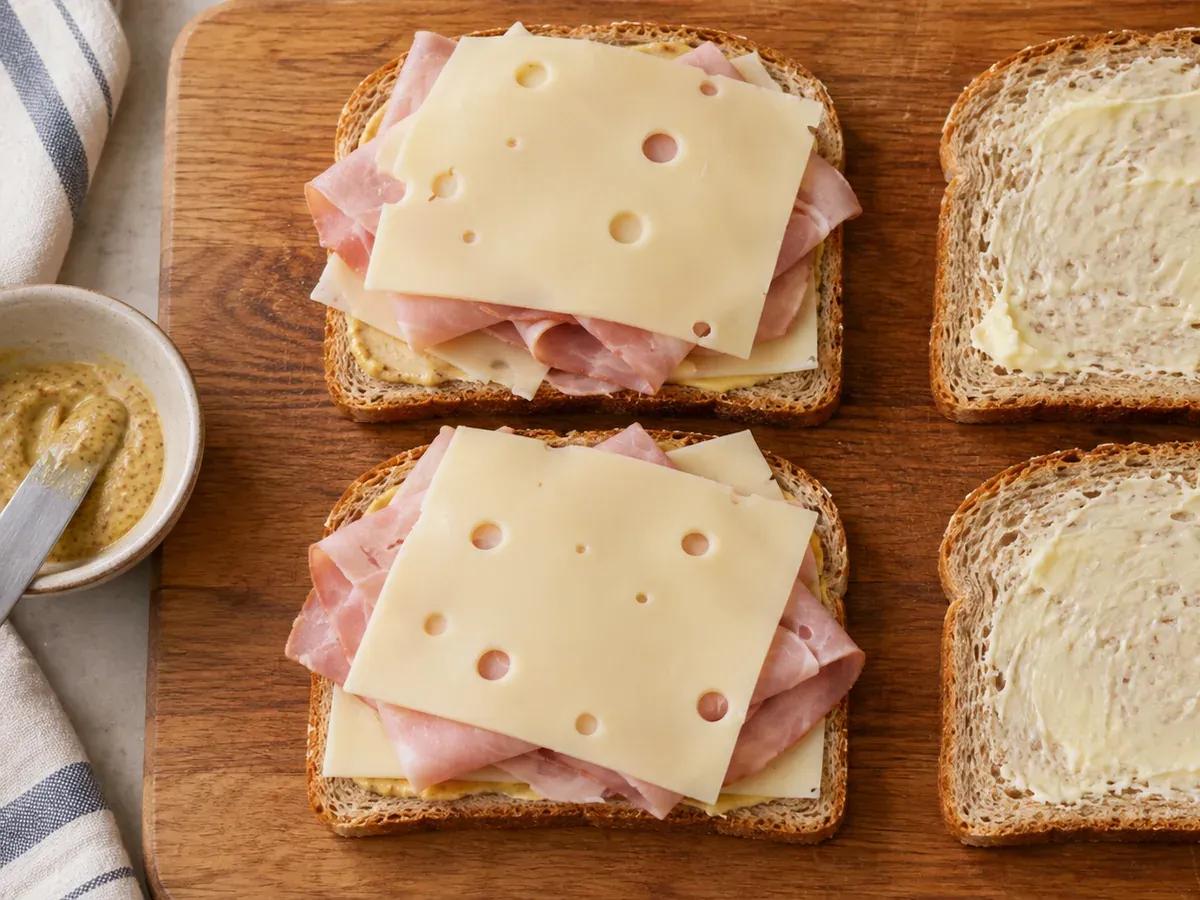 Layer the ham and Swiss: Ham and Swiss Grilled Cheese