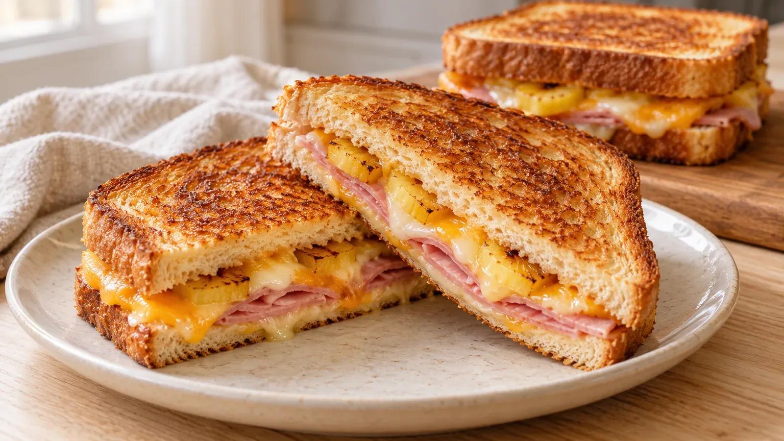 Hawaiian grilled cheese cut to show browned pineapple, ham, and melted cheddar and Monterey Jack.