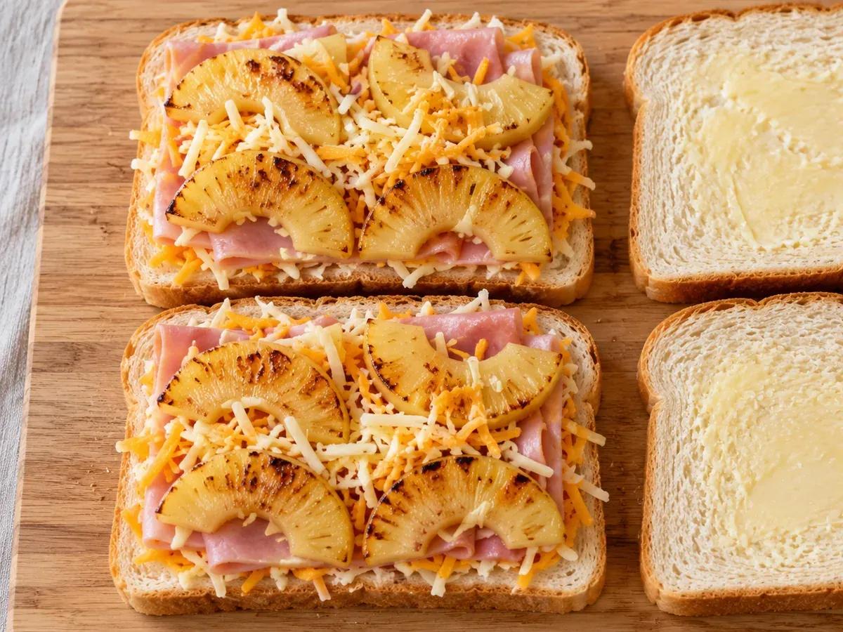 Layer the filling: Hawaiian Grilled Cheese