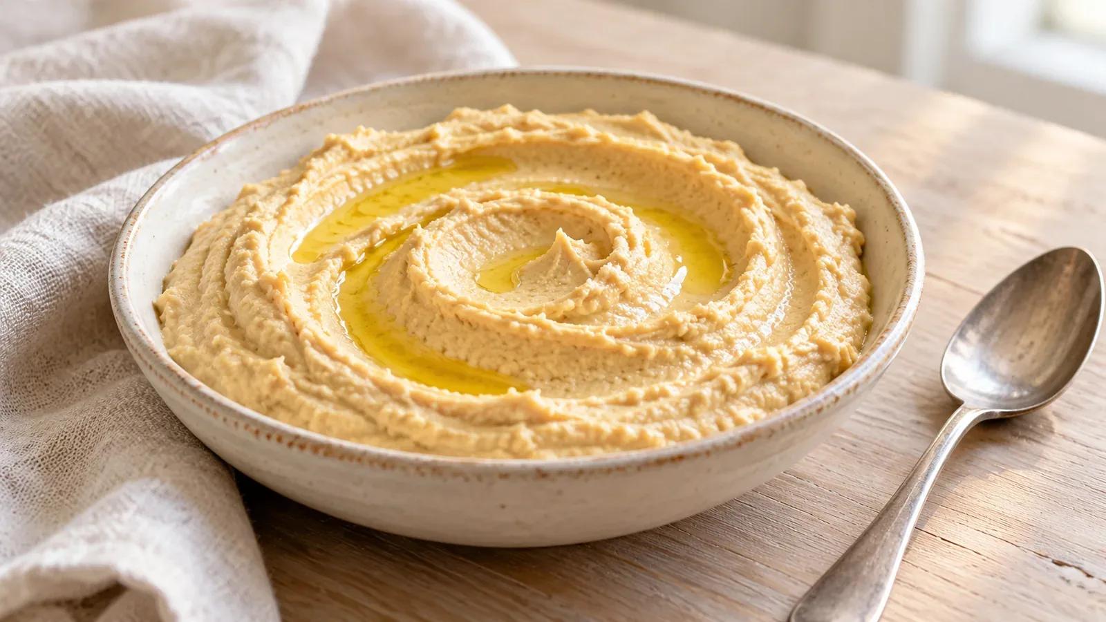 Hummus swirled in a shallow bowl with a small drizzle of olive oil.