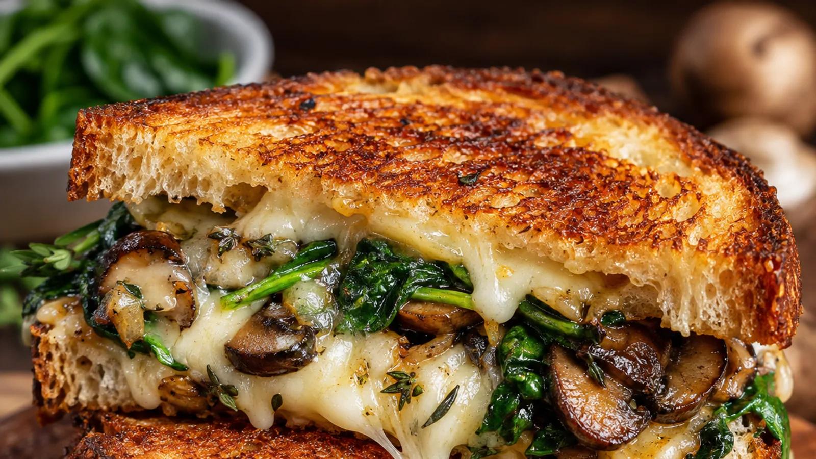 Indian-inspired grilled cheese with spiced mushrooms, spinach, mozzarella and Monterey Jack on crisp sourdough