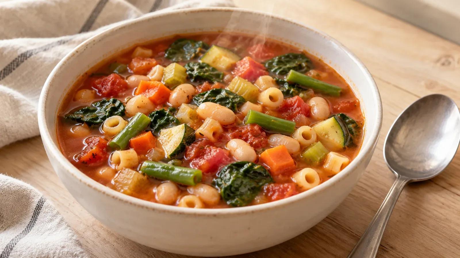 Minestrone soup with white beans, ditalini pasta, carrots, zucchini, green beans, and spinach in tomato broth.