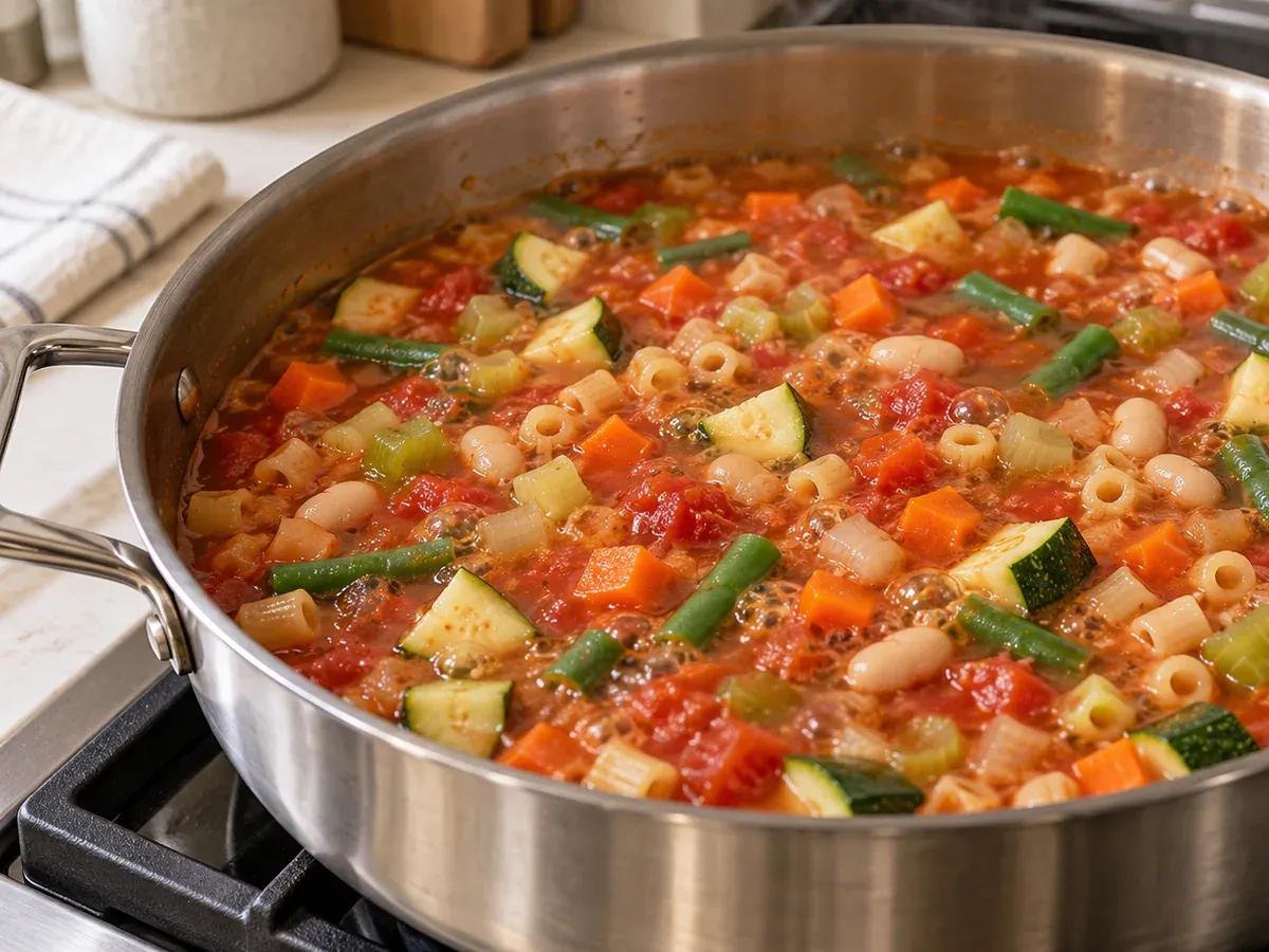Simmer the vegetables and pasta: Minestrone Soup