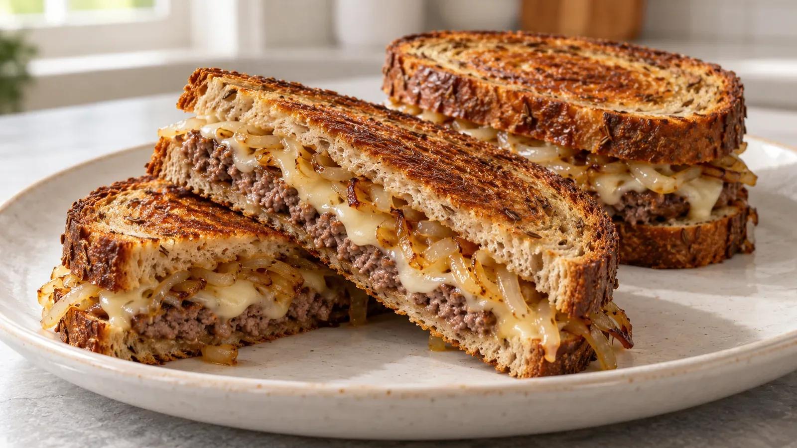 Patty melt with a thin beef patty, melted Swiss, and browned onions on golden rye bread.