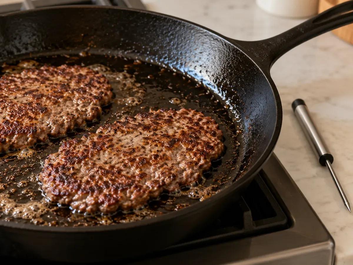 Sear and check the beef patties: Patty Melt
