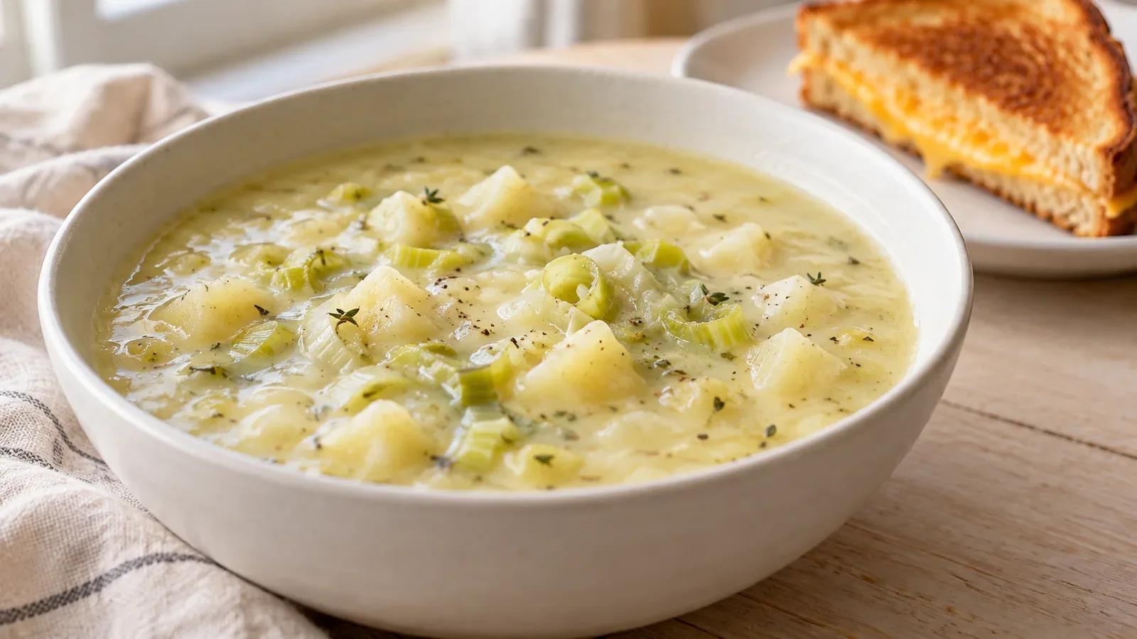 Potato leek soup with tender potato pieces and pale-green leeks beside a grilled cheese triangle.