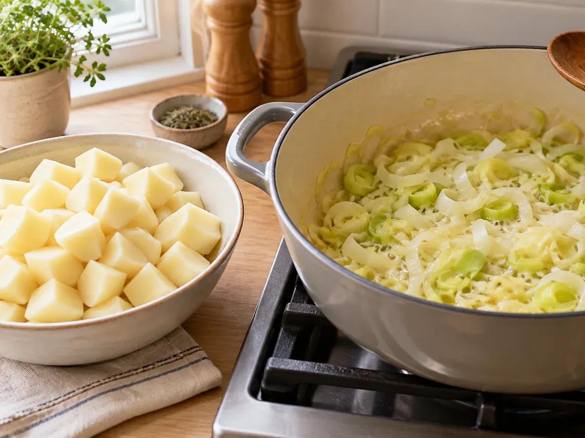 Clean and soften the leeks: Potato Leek Soup