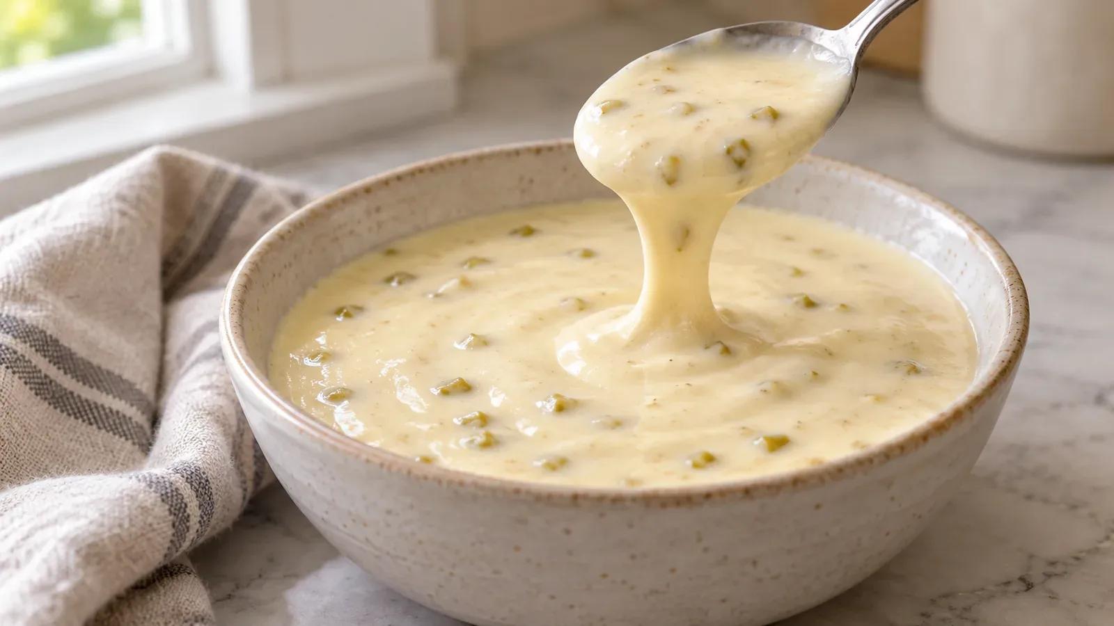 Queso blanco dip with small green chile flecks and a smooth creamy texture in a serving bowl.