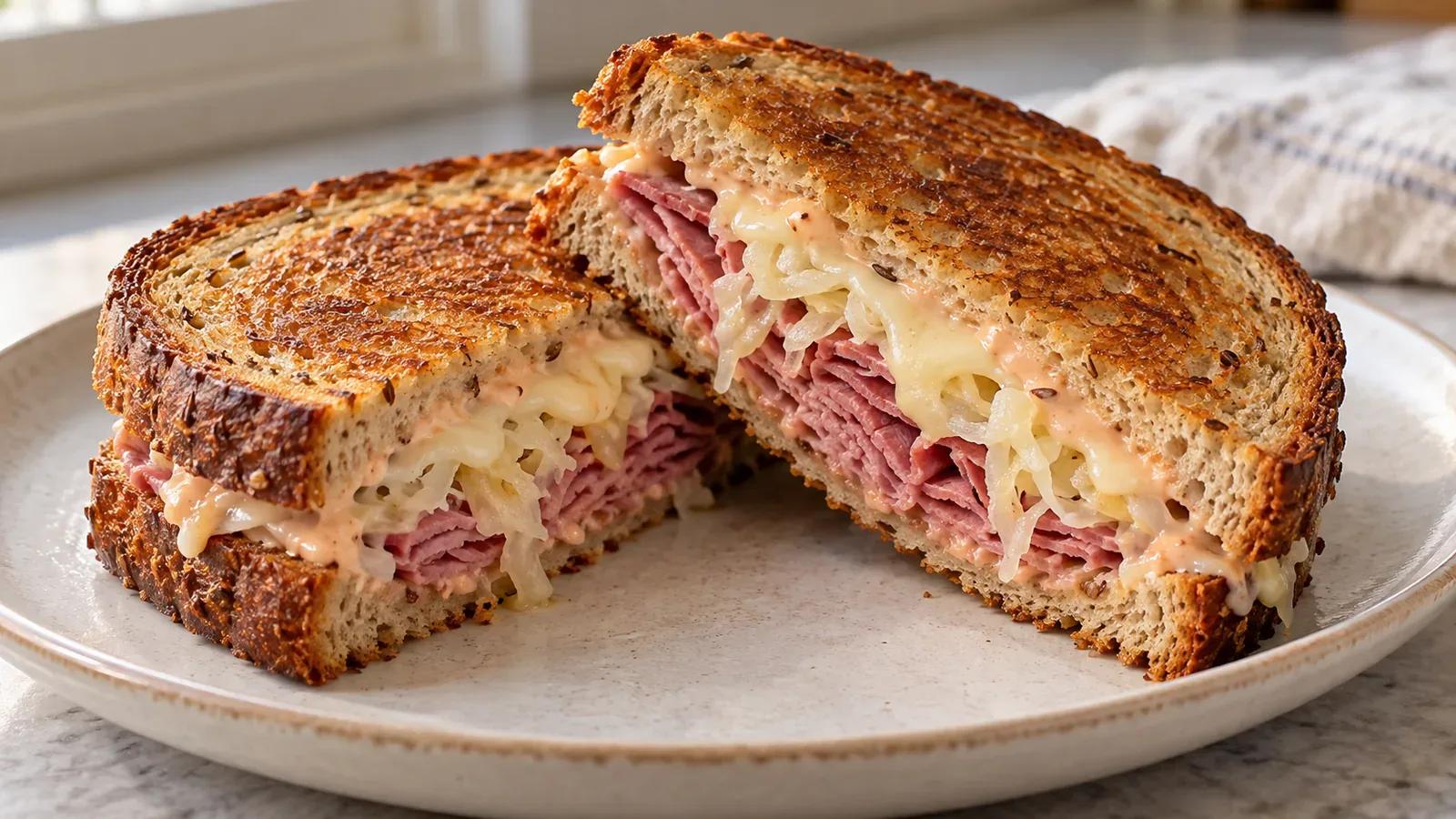 Reuben grilled cheese with corned beef, sauerkraut, melted Swiss, and Russian dressing between golden rye slices.
