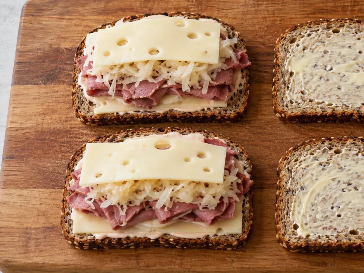 Build the rye sandwiches: Reuben Grilled Cheese