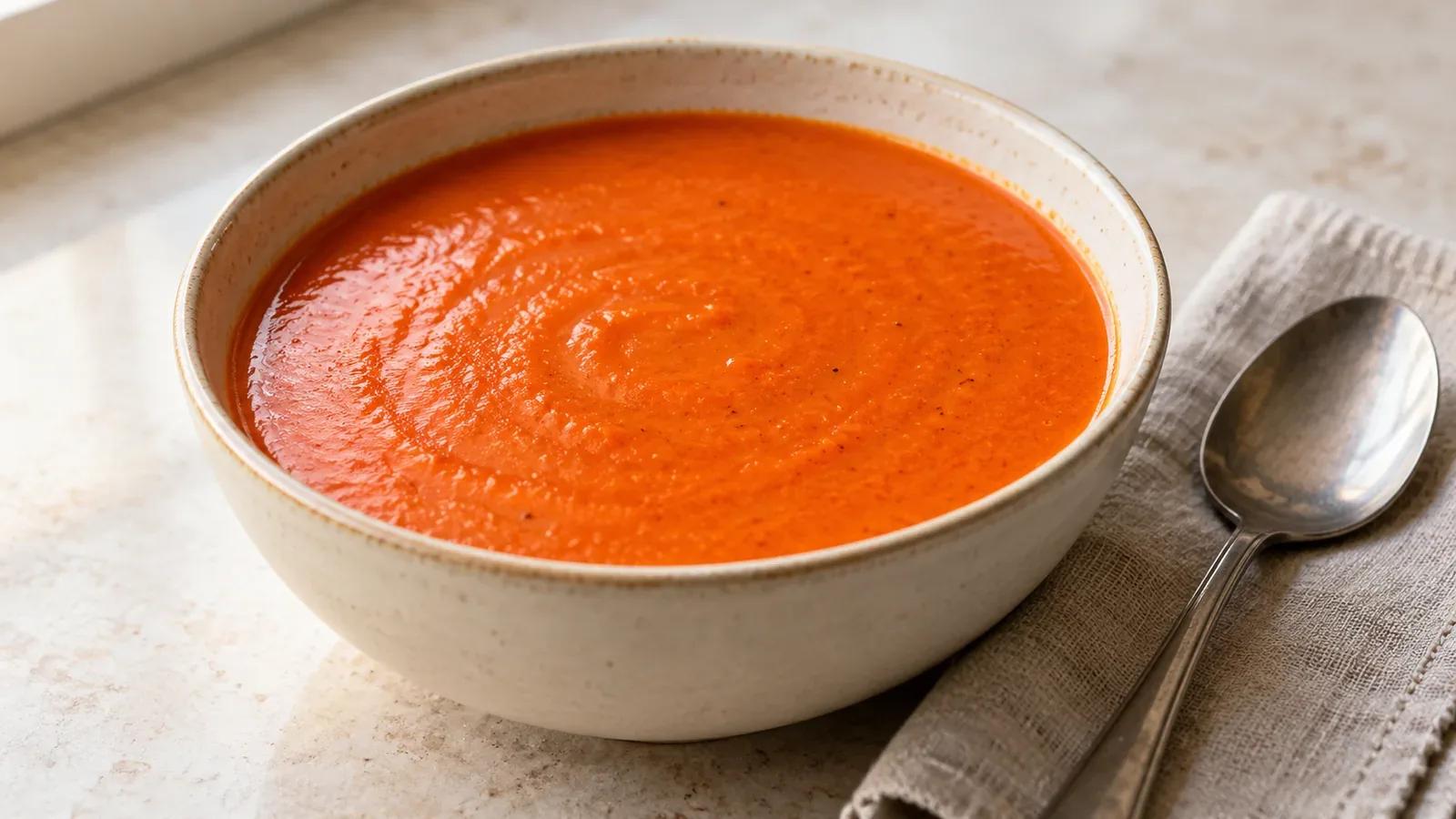 Roasted red pepper soup blended smooth in an ivory bowl, ready to serve with grilled cheese.